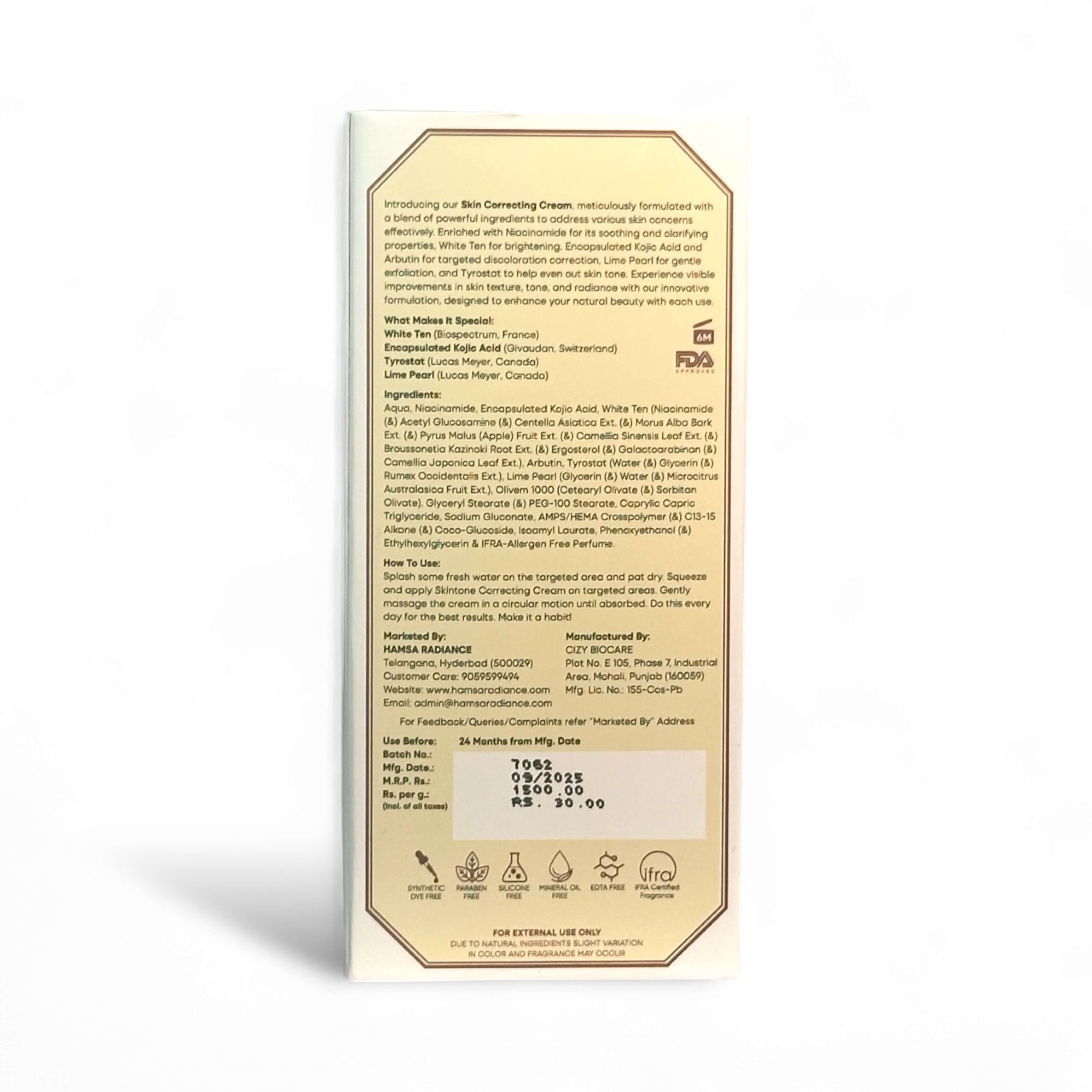 Skin Tone Correcting Cream with Niacinamide, Encapsulated Kojic Acid, Arbutin, Lime Pearl Extract, Tyrostant & White Ten